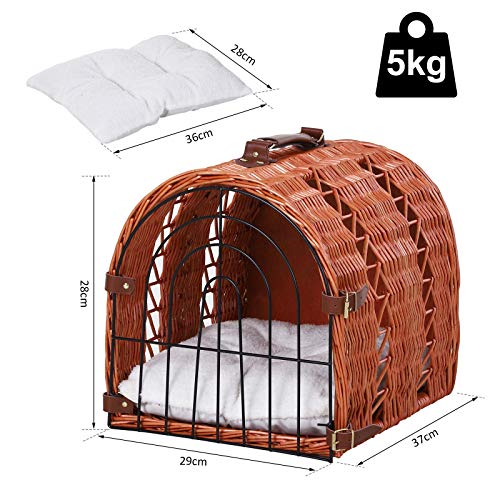Pawhut Wicker Cat Carrier Basket Kitten Bed Portable Pet Caves Houses with Soft Cushion, 37 x 29 x 28 cm, 1.58 kg - Image 3