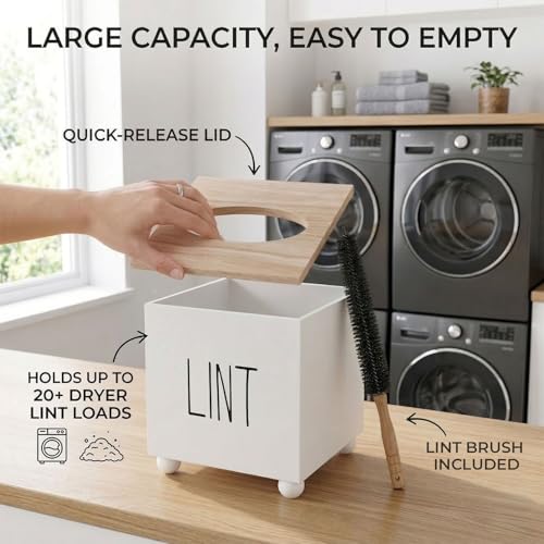 CHONIC Lint Bin for Laundry Room, Farmhouse Lint Box, Wooden Lint Holder with Lid, Lint Container for Laundry Room Decor, Dryer Lint Trash Can for Laundry Accessory Organization
