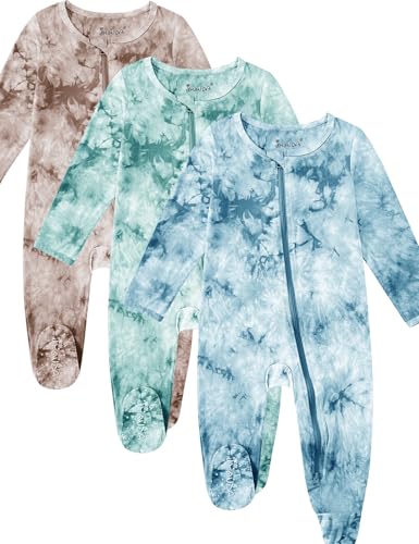 Image of Jimonda Baby Girls Boys Footed Pajamas,Rayon From Bamboo,2 Way Zipper Long Sleeve Soft Sleeper Pjs,Infant Tie-dye Romper