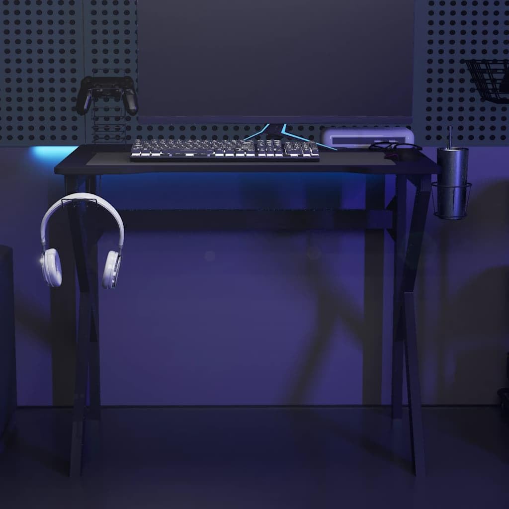 Scrivania da gioco con rack K nero, 90 x 60 x 75 cm, robusto tavolo da gioco ergonomico con supporto per bicchieri, materiale in legno e ferro