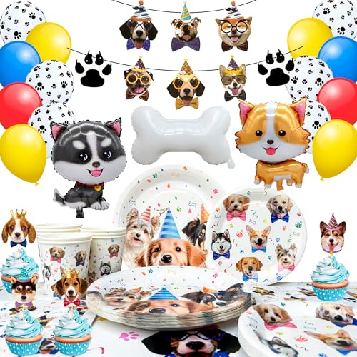 Fiesta de cumpleaños de tema del perro, 16 invitados decoración vajilla para fiestas de perro pancarta cumpleaños globos platos servilletas mantel etc suministros para fiestas de cachorro