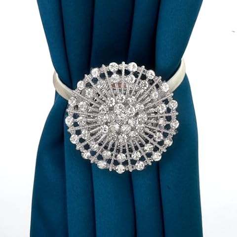 FURIJING Luxury Crystal Magnetic Curtain Tieback Holdback Flower Curtain Clips Buckle Holder with Stretchy Wire Rope for Home Office Decoration-Circular Flower-Small-Silver-2 Pcs Cover