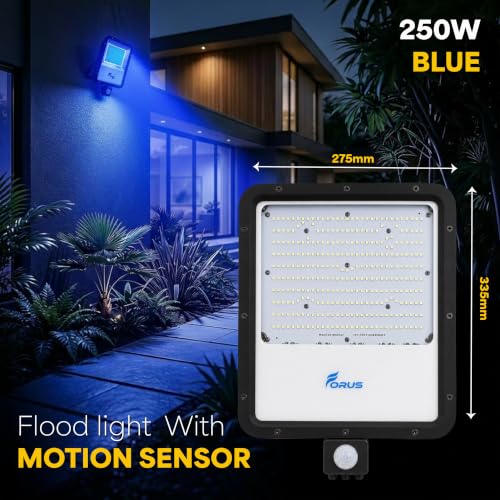 Image of Forus 250W LED Flood Light Blue with Motion Sensor Auto On Off Day Night Mode Waterproof Outdoor Security Light for Garden Parking Garage Factory Warehouse Shop High Bright Floodlight 4Yr Warranty-1Pc