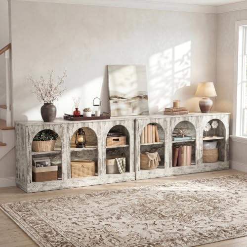 Image of Tribesigns Farmhouse Console Table Set of 2, Extra Long Entryway Table with 3 Tier Storage, Wooden Rectangular Sofa Table Behind The Couch for Entrance, Hallway, Living Room, Distressed White