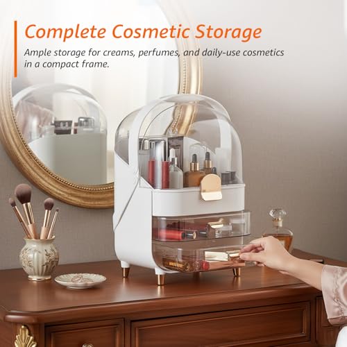 Image of Amazon Basics Glossy ABS+PET+PS Cosmetic Storage Organizer | 27 x 17 x 36.5 cm | 3 Compartments | Waterproof & Dustproof Lid | White (V1COSST5)