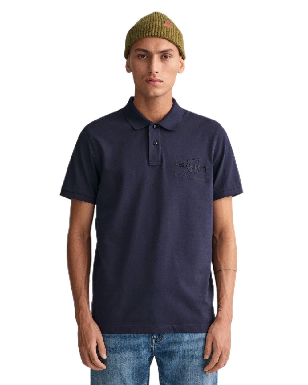 GANT Men's Reg Tonal Shield SS Rugger Shirt, Evening Blue, XL