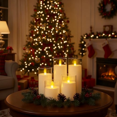 Image of Homemory Ivory Flickering Flameless Candles, Battery Operated Acrylic LED Pillar Candles with Remote Control and Timer, Set of 9