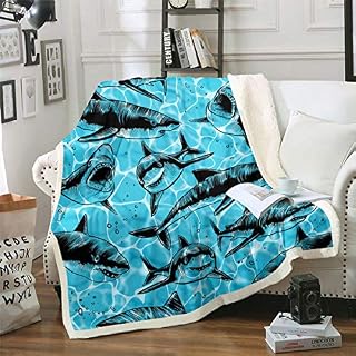 Loussiesd Shark Fleece Throw Blanket Boys Kids Toddler Ocean Marine Life Sherpa Blanket Sea Creature Plush Blanket Aquatic Animal Fuzzy Blanket for Sofa Bed Soft Lightweight Blue Single 50"x60"