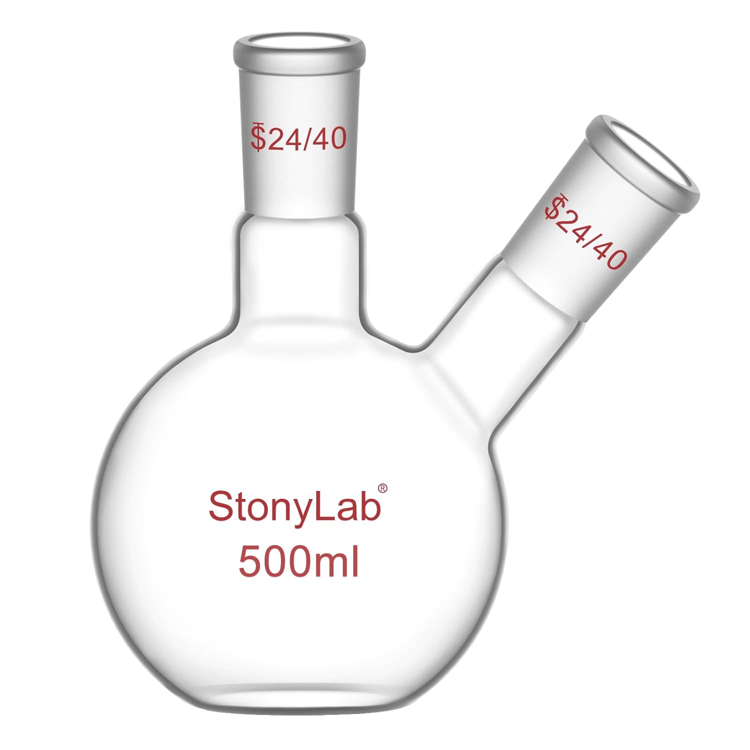stonylab Flat Bottom Flask FBF, Heavy Wall 2-Neck Lab Flask Borosilicate Glass Flat Bottom Boiling Flask with 24/40 Standard Joint, 50 ml
