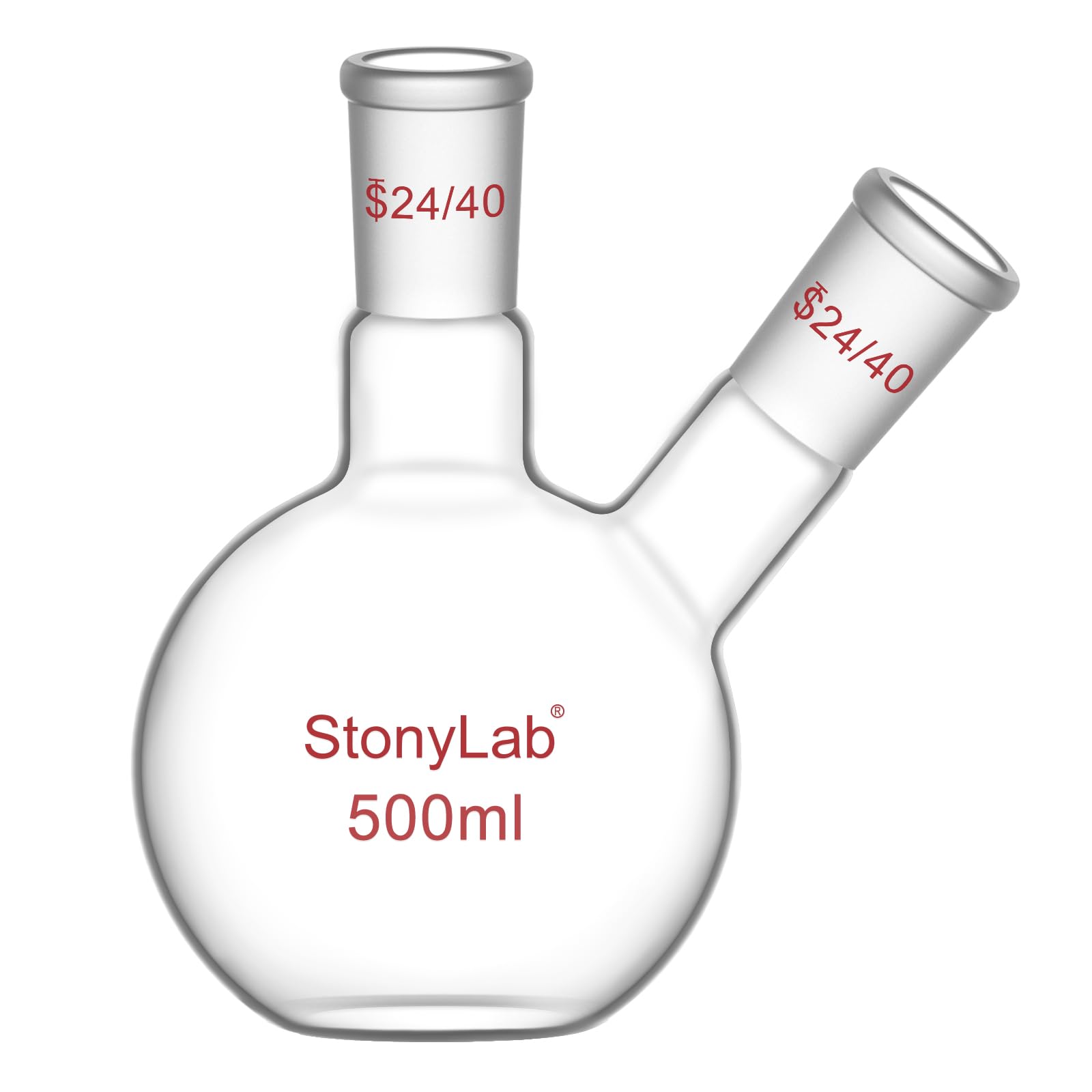 stonylab Flachbodenkolben FBF, Schwerwandiger 2-Hals-Laborkolben Borosilikatglas Flachboden Siedekolben mit 24/40 Standard-Gelenk, 500 ml