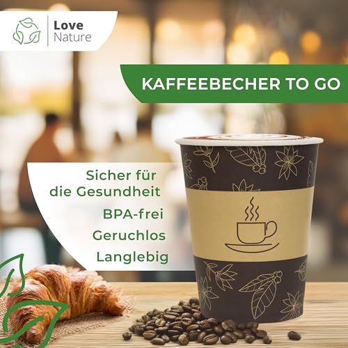 Love Nature Kaffeebecher to Go 250 ml 10 oz – Pappbecher 50 Stück – Coffee to go Becher - Einwegbecher zum Servieren von Kaffee, Tee, heißen und kalten Getränken