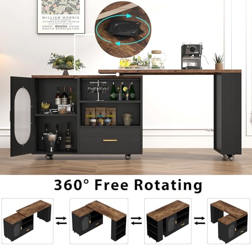 Image of HSH Rolling Kitchen Island with Seating & Storage with Wheels, Rustic Brown | 72 inch Large kitchen island, 360 swivel & extendable table, movable island Cart with cabinet, drawer and shelves for Kitchen