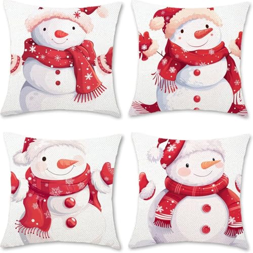 Fcunjuun Cojines para Exterior 40x40cm Juego de 4 Blanco, MuñEco De Nieve Cojines Decorativos Fundas Cojin Lavables Poliéster Lino Textil Cojin Exterior Impermeable, para La Decoración Jardín Q-7