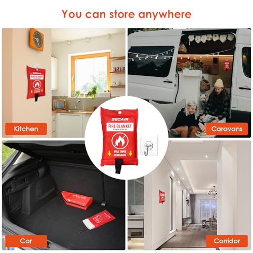 Image of Fire Blanket for Car Home and Kitchen 4 Pack with Hooks and Gloves 40 inch x 40 inch High Heat Resistant and Flame Protection for Office Camping Warehouse Safety