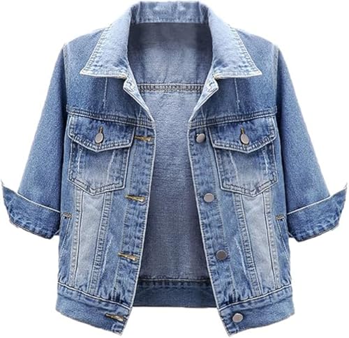 Huang's Women's Classical 3/4 Short Sleeves All Season Denim Jacket for women Button Front Light Wash Cotton Denim Jacket