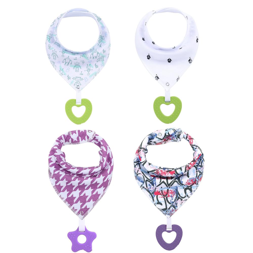 Oaygat 4 Pcs Baby Bibs Newborn Toddler Bandana Teething Bib Baby Bibs Super Soft and Absorbent Drool Bibs with Teether Teething Infant Bib for Boys Girls Unisex Infant Toddlers