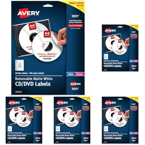 Image of Avery Printable CD Labels, Matte White, Removable Adhesive, Laser & Inkjet Printer Compatible, 50 Disc & 100 Spine Labels, Ideal for CDs, DVDs, PC Discs, Media Projects & More (5931) (Pack of 5)