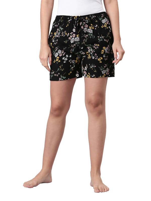 Women Printed Black Woven Viscose Lounge Shorts