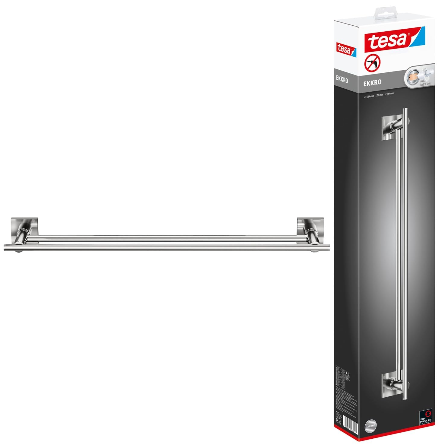 tesa EKKRO Towel Rail - No Drill Towel Holder in Chromed Metal - Stainless - Waterproof - Includes Removable Glue Solution - 112 mm x 640 mm x 50 mm