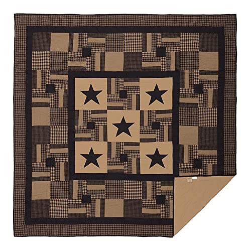 VHC Brands Black Check Star Queen Quilt 90Wx90L Country Rustic Primitive Design Black and Tan