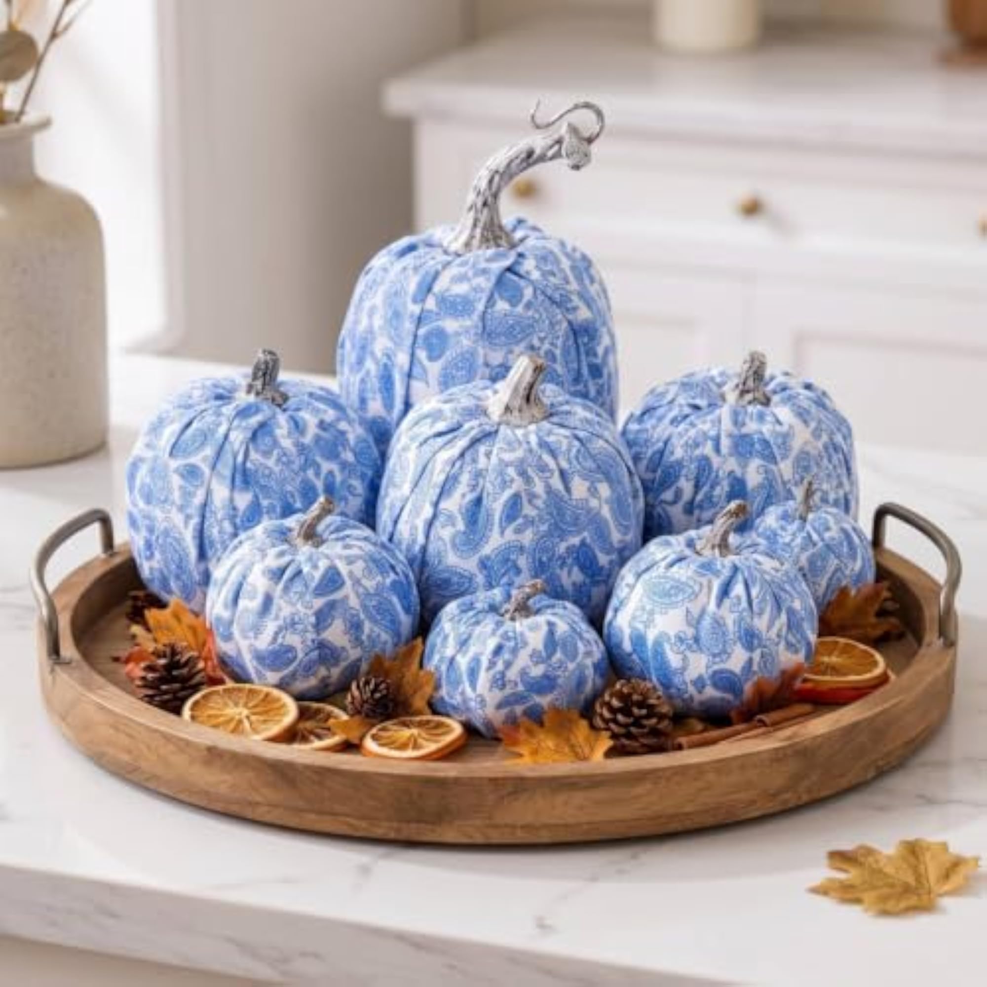 Decorative Textile Pumpkin with Stem, 7 Pieces Set