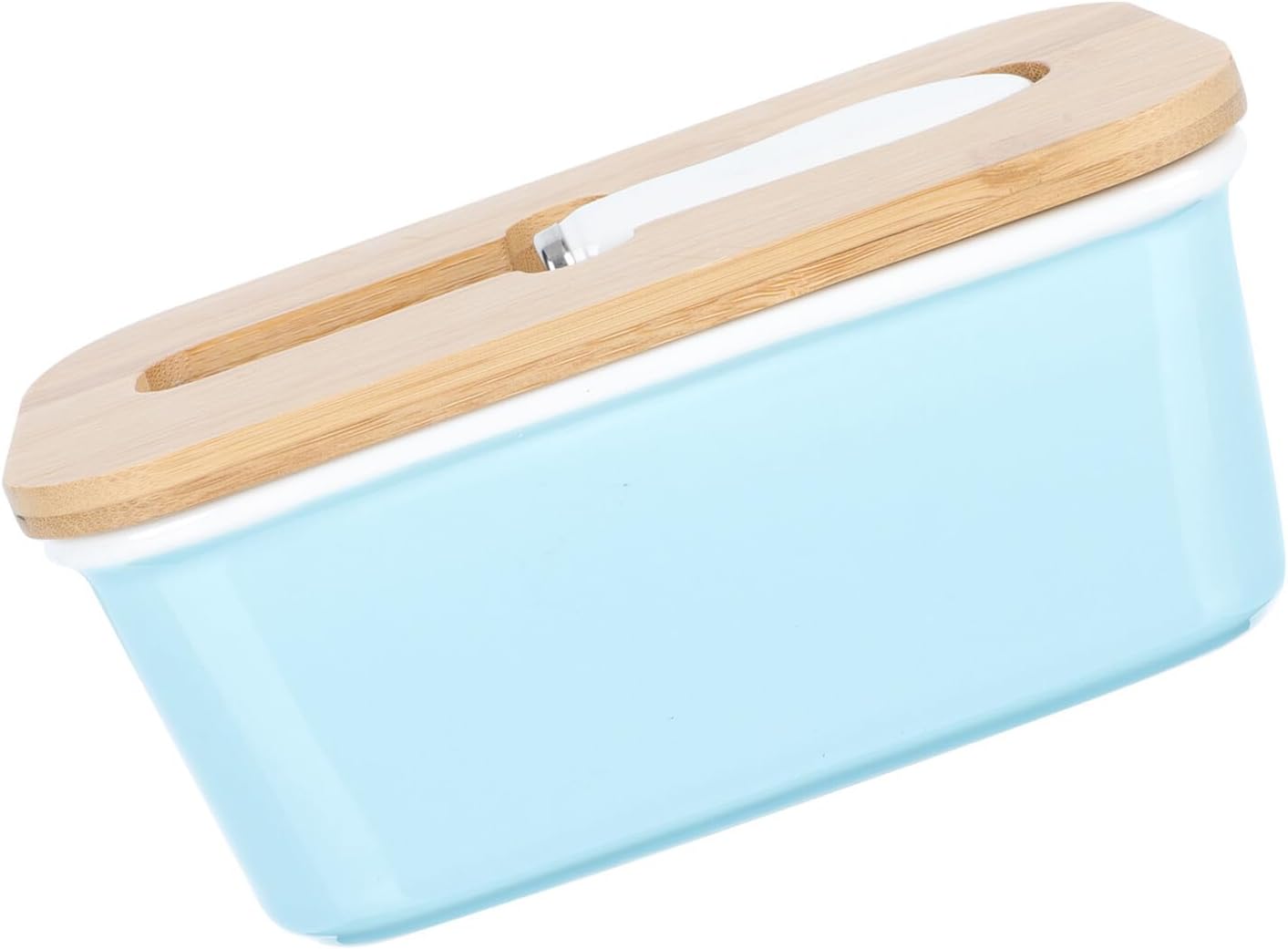 Ceramic Butter Dish with Lid 600ml Rectangular Airtight Butter Keeper Tray for Refrigerator Countertop Food Storage with Knife Blue
