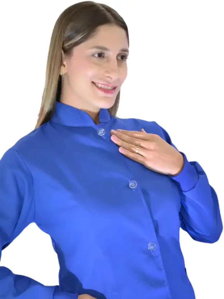 Jaleco Feminino Azul Royal, Oxford Premium, Gola Padre, Manga Longa, Acinturado com Botões, Profissional Saúde e Estética