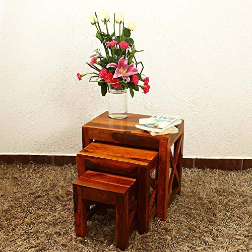 Image of Sheesham Wood Nesting Table Stools for Living Room (Natural Teak Finish) - Set of 3