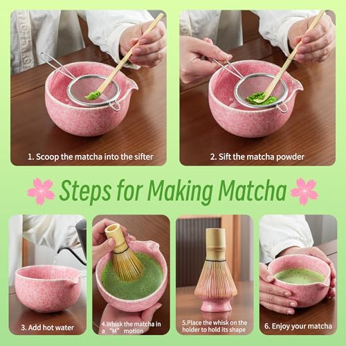 TEANAGOO Matcha Set mit Ausgießer, Frostrosa, Keramikschale, Bambusbesen – Ansicht 5