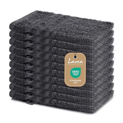 Lavea 10er Set Waschhandschuh 15x21 cm – Saugstarke und Weiche Waschhandschuhe aus 100% Baumwolle, Frottierserie Elena – Waschbar und Strapazierfähig – Anthrazit