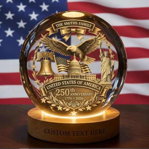Image of 250 Anniversary USA Merchandise, Personalized 250th Anniversary Crystal Ball Night Light, Custom 1776-2026 USA LED Lamp, Engraved Patriotic Gift, American Independence Decor Light for Home