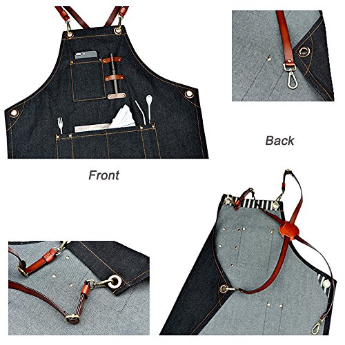 Boshiho Denim Jean Work Apron - Adjustable Bib Chef Apron Barber Apron - Utility Shop Tool Apron with Cross-back Leather Straps (B)