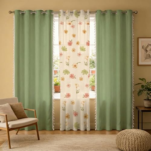 Image of Urban Space Printed 100% Cotton Curtain for Window, Cotton & Sheer Combo Set of 3 Curtains 5 Feet Long, Tieback & Eyelets Included with Curtains for Room Darkening (Mehek Sheer & Aura sage Green)