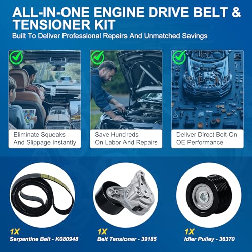 Image of Serpentine Belt Drive Component Kit with Tensioner and Idler Pulley Fit 2007-2021 Toyota Tundra, 2008-2022 Sequoia, 2008-2021 Land Cruiser, Lexus GX460 LX570, V8 4.6L 5.7L, Replace 90K-39185