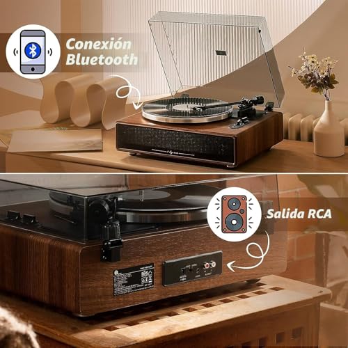 Tocadiscos vintage Bluetooth con salida RCA y altavoces integrados color madera 3