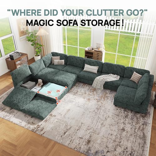 Image of 157 inch Modular Sectional Chenille Sofa bed with Hidden Storage, Comfy Modern 10 Seater Oversized Deep Seat Couch, Modular Sectional with Ottoman and Removable Cover for Living Room, Apartment, Green
