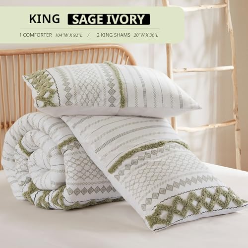 Image of Ink+Ivy King Comforter Set, Boho Comforters, Breathable Cotton Bed Set, All Season Modern Chenille Tufted Comforter with Farmhouse Bedding Flare, Gifts for Woman, Sage /Ivory 3 Piece