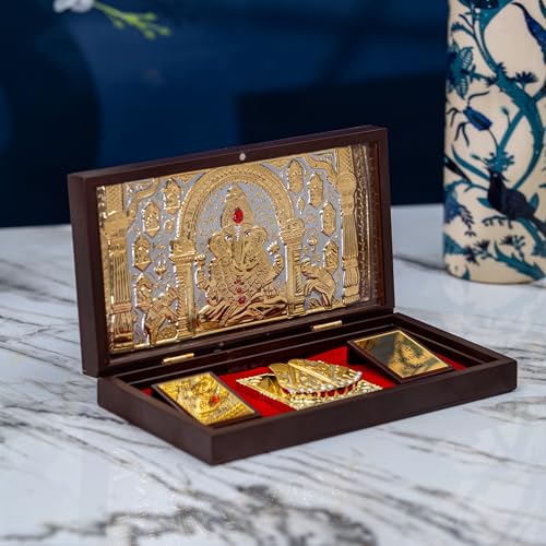 Image of Idolkart Ganesh Pocket Temple 24 Karat Gold Coated - Ganeshji Photo Frame, Gift, Vinayaka Photo, Ganesh Charan Paduka for Wealth, Prosperity and Vastu Benefits - gift for diwali, occassions - 4x8 Inch