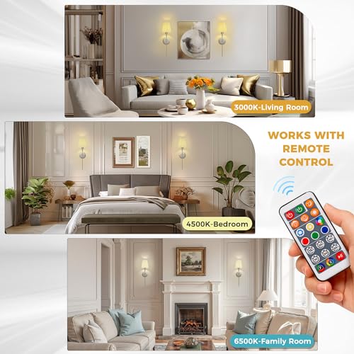Image of DORESshop Battery Operated Wall Sconce Set of 2, 10 Color Wireless Wall Light Easy to Install, Sconce Wall Decor Set of 2 for Bedroom, Living Room, Pleated Fabric Shade, Nickel, 24.6in