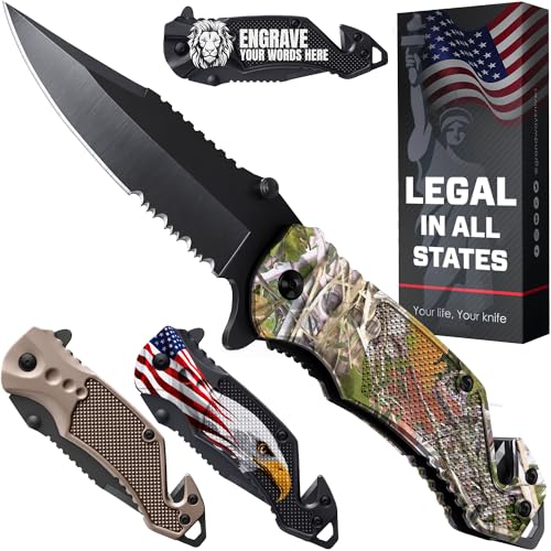 Image of GOOD WORKER Legal Pocket Knife with 2.95 inch Serrated Blade, Glass Breaker, Seat Belt Cutter - EDC Sharp Folding Knives with Portable Clip - Small Tool for Tactical Camping Survival Hiking - Gifts for Men, Women