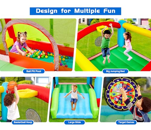 WELLFUNTIME Bounce House, Inflatable Bouncer with Air Blower, Kids Slide Jumping Castle with Slide, Ball Pit and Dart Target Game, 143x137x68 Inch