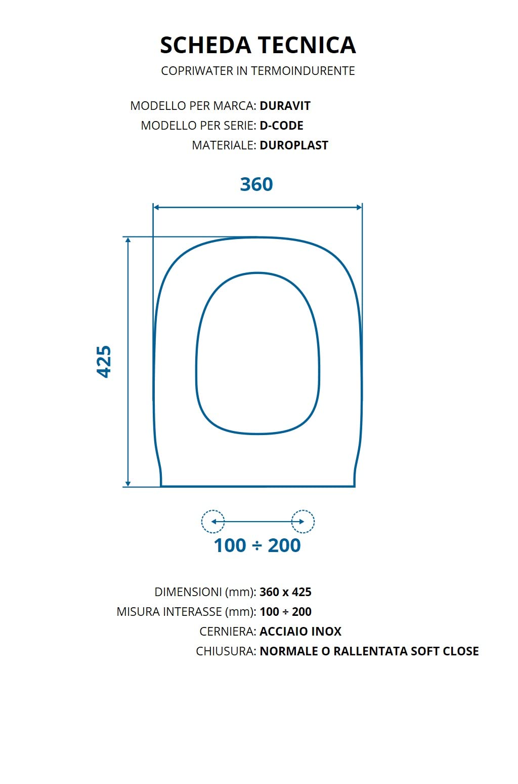Copriwater per DURAVIT D-CODE come ORIGINALE TERMOINDURENTE BIANCO cerniera inox