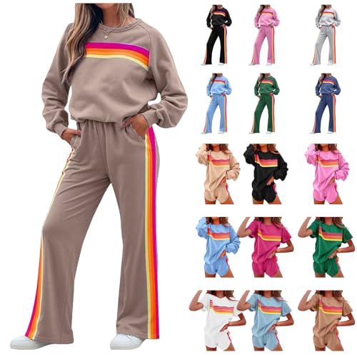 2 Piece Lounge Set for Women Rainbow Striped Sweatshirts High Waist Sweatpant Shorts Color Blocked Suit Sweatsuit4