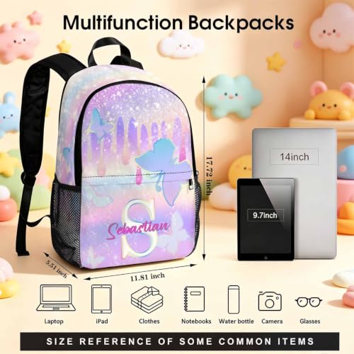 Image of Custom Backpack for Girls Kids Personalized Backpacks Back to School Set | Kid Customized Toddler Girl Backpack with Lunch Bag Book Bag Kindergarten Prek Preschool Gifts White Butterfly