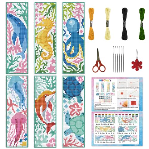 Image of INFUNLY 6 Set Sea Animals Cross Stitch Bookmark Kit for Beginners Whale DIY Cross Stitch Kits Pre-Printed Jellyfish Summer Stamped Embroidery Bookmark Kit with Instruction for Book Lovers Reader Gift