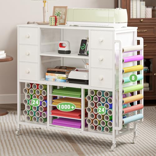 VENNQD Craft Organizer Rolling Cart Compatible with Cricut Machine Cricut Table with Charging Station 56 Vinyl Roll Holders with 6 Fabric Drawers for Accessories Organization White