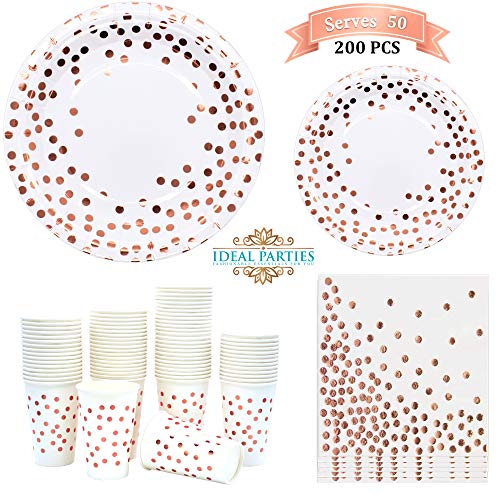 Ideal Parties Rose Gold Dot Disposable Paper Plates Napkins and Cups! Foil Design
