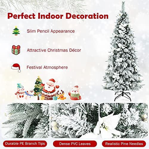 Goplus 6Ft Artificial White Christmas Tree, Pre-Lit Snow Flocked Pencil Xmas Tree W/ 471 Tips, 250 Led Lights, 100% New Pe & Pvc, Pre-Decorated Ornaments, Fake Snow Pine Tree For Home, Office #TOP2