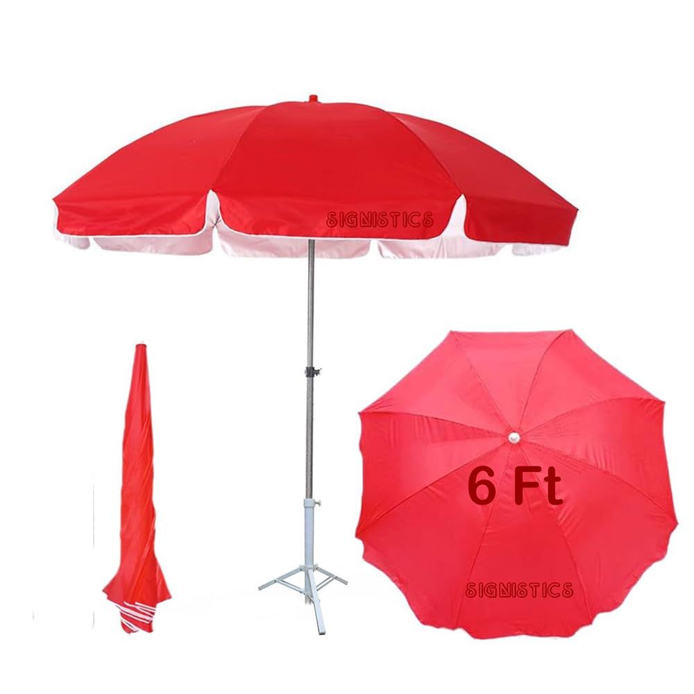 6ft Umbrella Double Fabric Silver Inside with Tripod Base Stand for Garden Beach Terrace Patio Outdoor Event (Red)-image-30