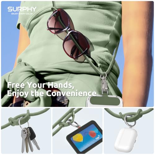 Image of SURPHY Phone Lanyard Crossbody, Phone Strap Crossbody with 2 Tether Tabs | Adjustable Cell Phone Lanyard, Anti Theft Phone Strap, Premium Metal Buckles, Universal Lanyard for Travel, Army Green